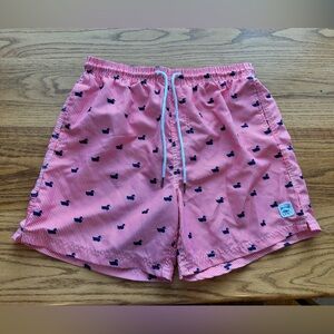 Men’s Red Striped with Navy Ducks Swim Trunks